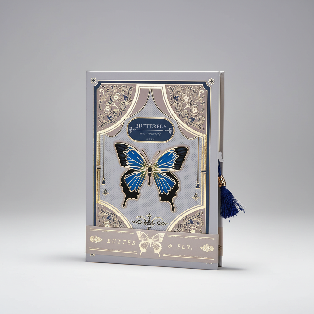 Hardcover-Notizbuch mit Schmetterlingsillustration und metallischen Akzenten