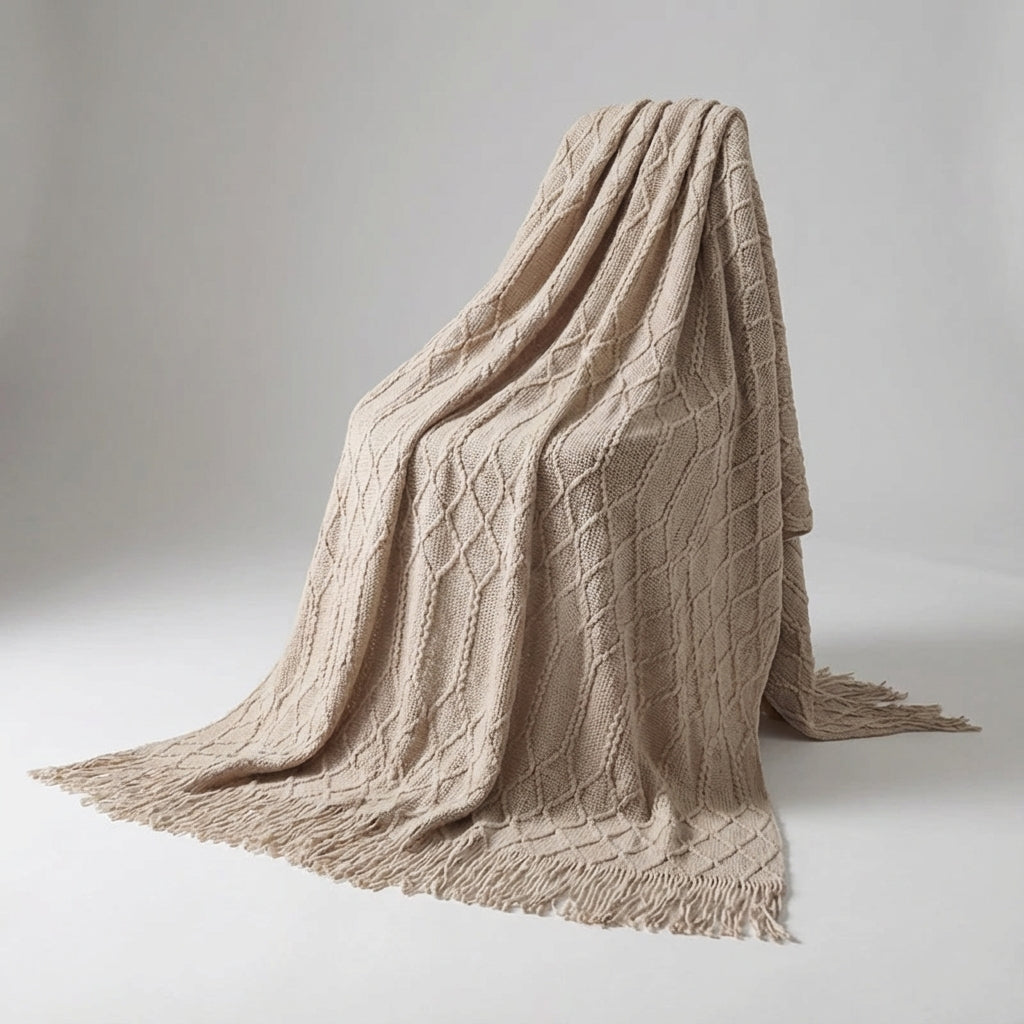 Übergroße Strickwurfdecke mit Quastenkanten und strukturiertem Gewebe