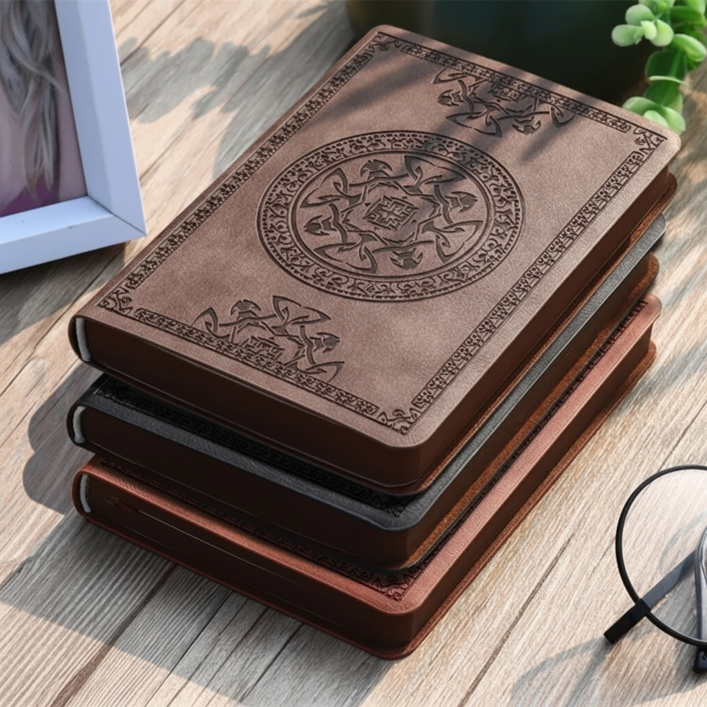 Tragbares Notizbuch mit geprägtem Vintage-Einband und glatten Schreibseiten