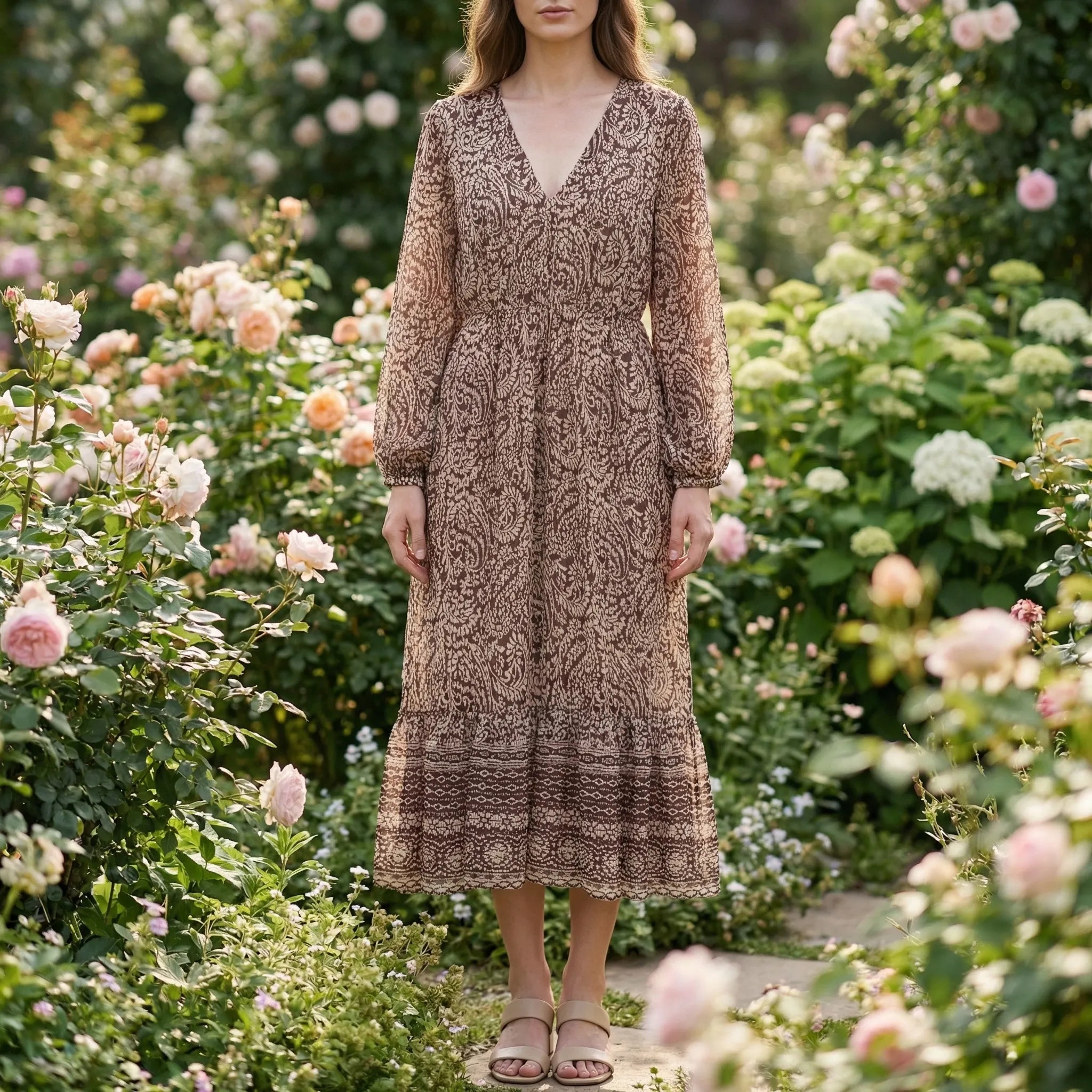 Nordspur | Paislara Tiered Midi Dress With V-Neckline