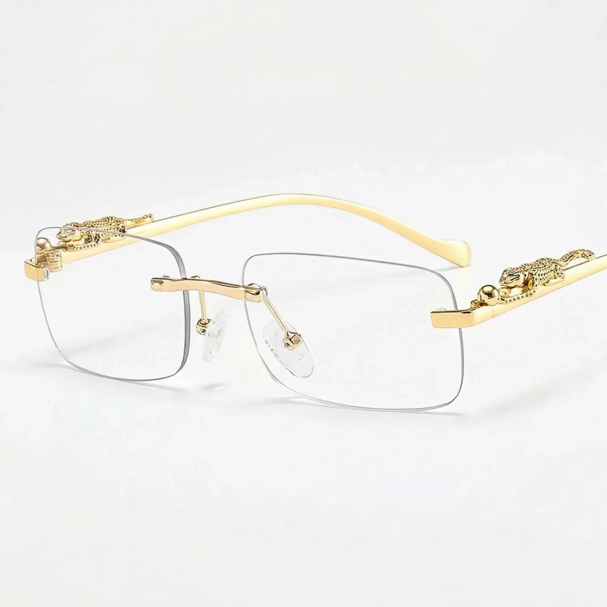 Randlose Quadratische Sonnenbrille mit Leoparden-Bügeldetails Goldton