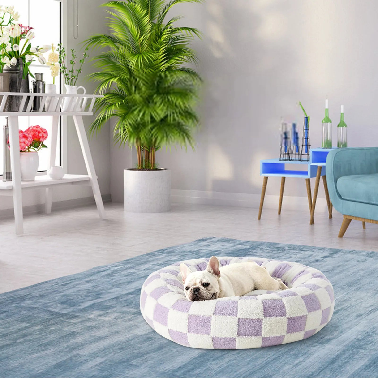 Rundes Plüsch-Hundebett für kleine Hunde mit erhöhtem Rand rutschfest waschbar