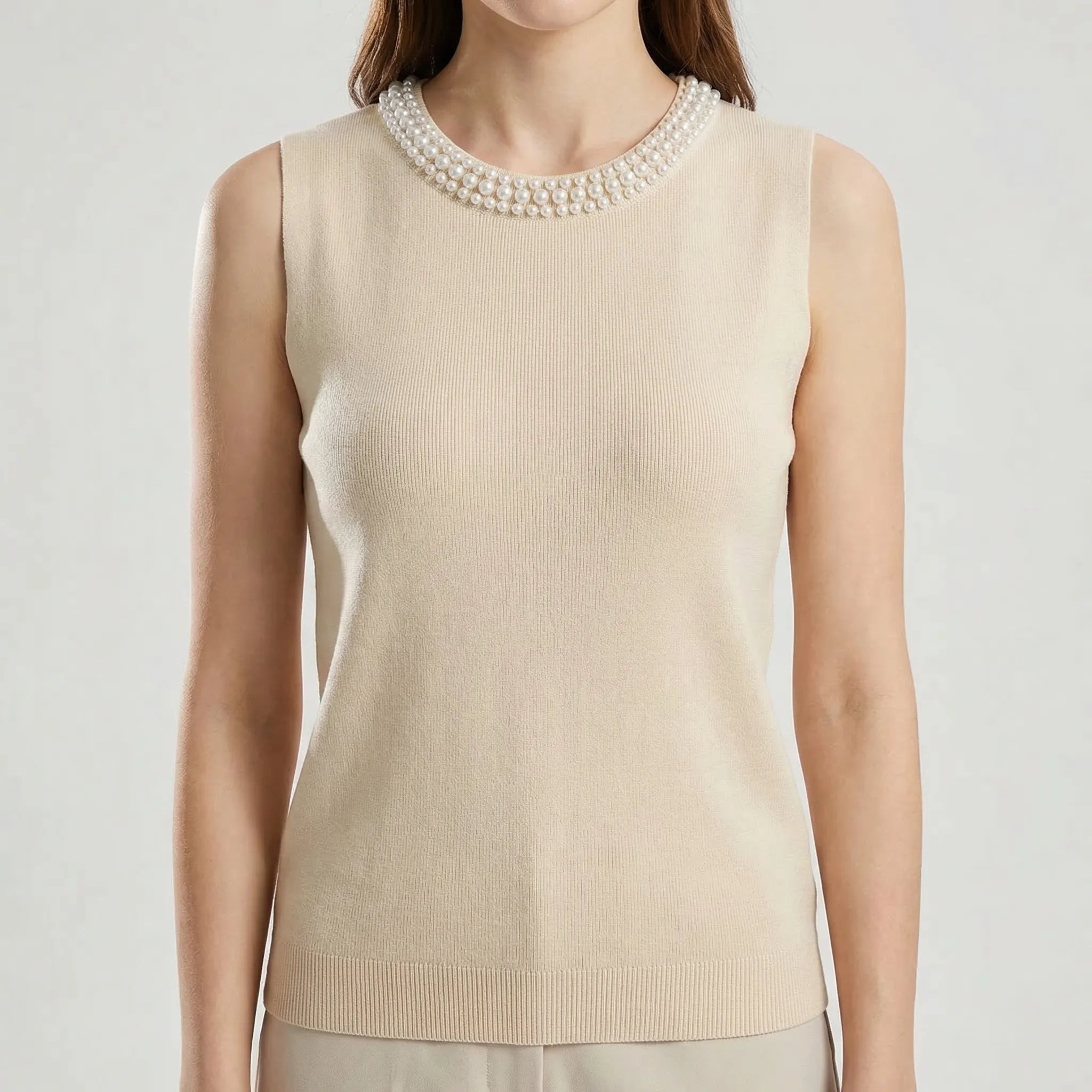 Ärmellose Strickweste Perlenbesatz elegant Feinstrick Sommer