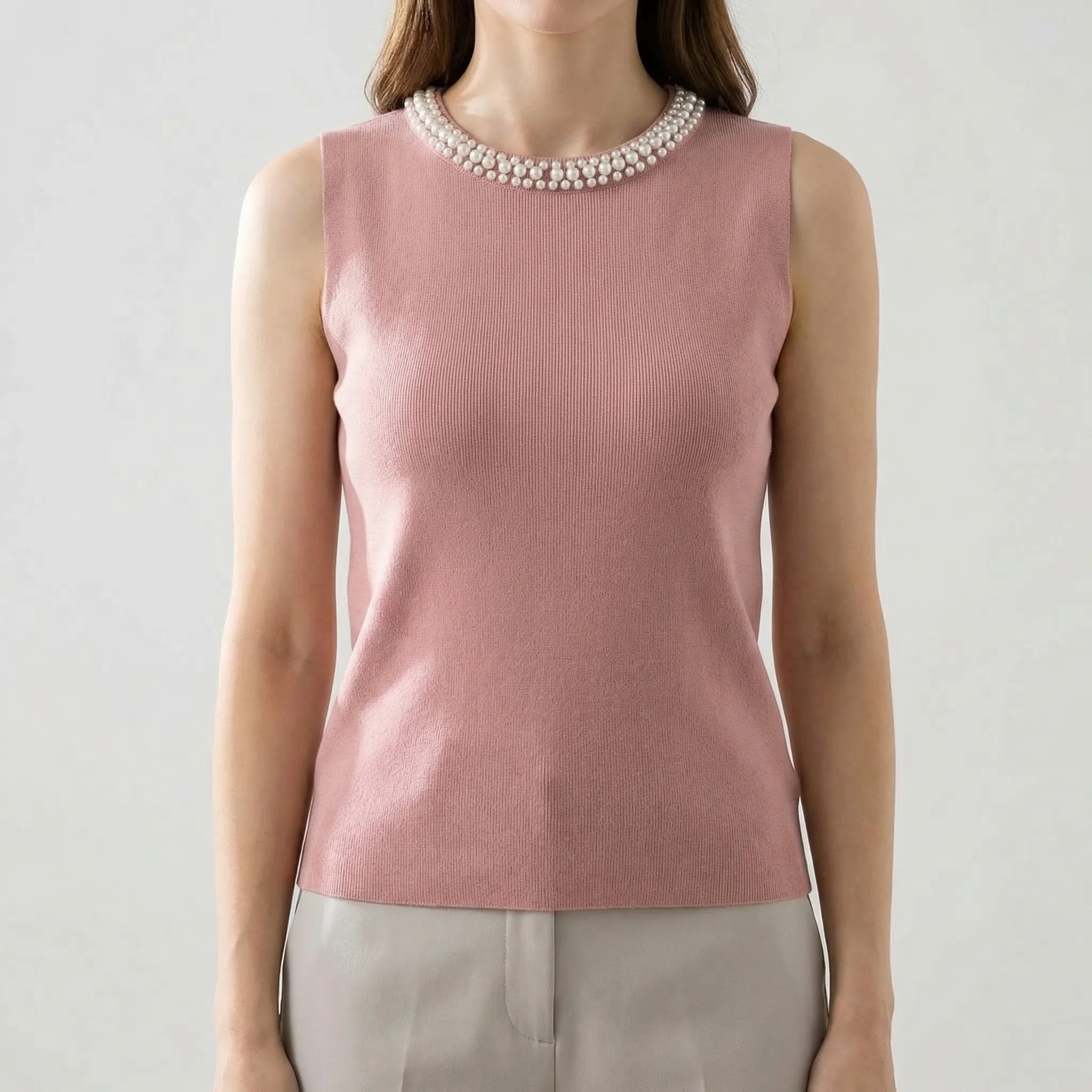 Ärmellose Strickweste Perlenbesatz elegant Feinstrick Sommer