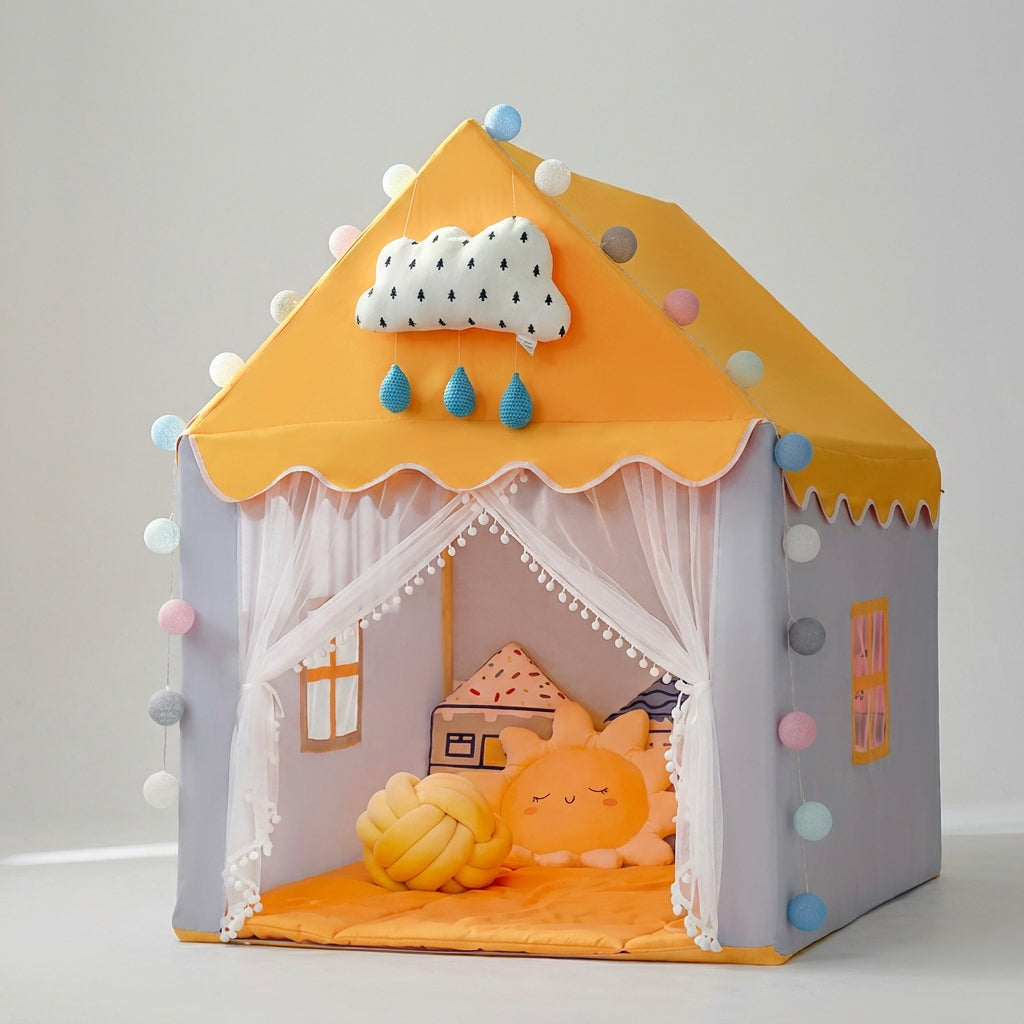 Faltbares Kinderspielzelt Rosa mit Spitzdach und Vorhängen