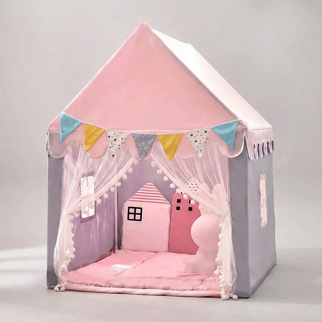 Faltbares Kinderspielzelt Rosa mit Spitzdach und Vorhängen