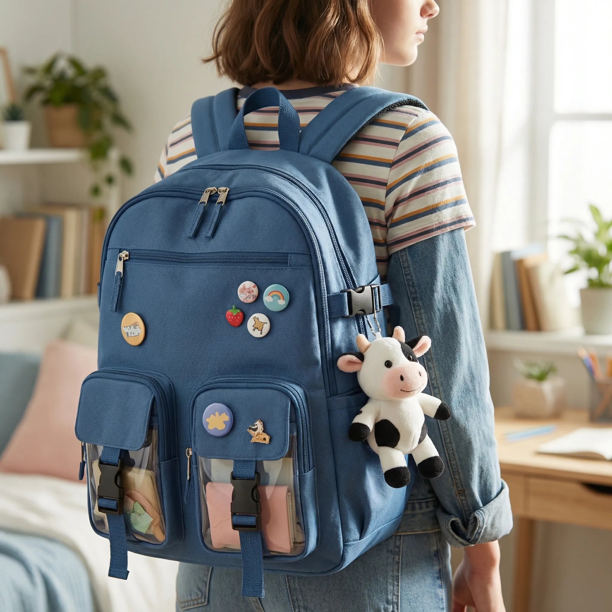 Schulrucksack mit 7 Fächern und transparenter Vordertasche für Mädchen