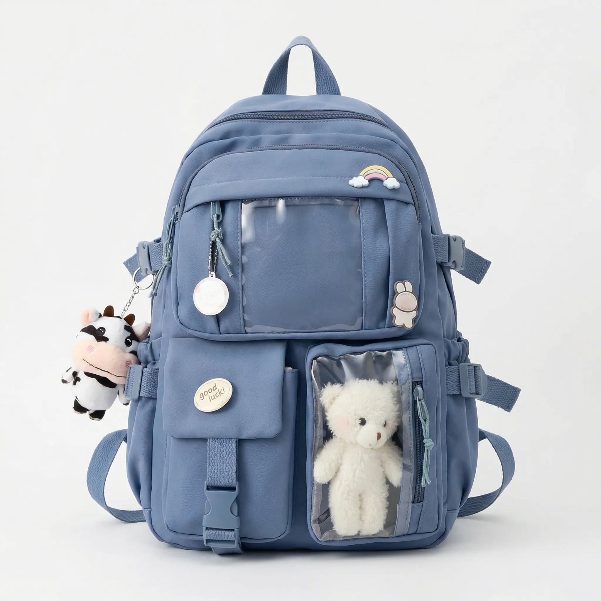 Schulrucksack mit 7 Fächern und transparenter Vordertasche für Mädchen