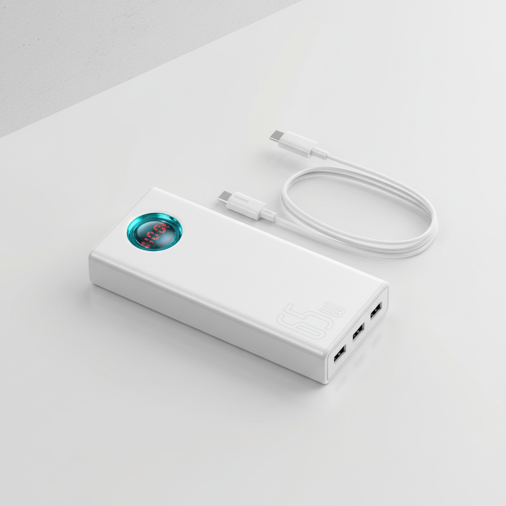 Hochkapazitäts-Powerbank mit 65W Schnellladen und integrierten Kabeln