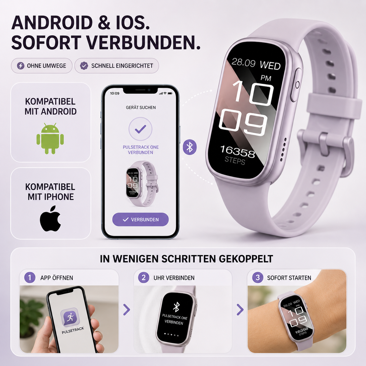 Nordspur | PulseTrack One Smartwatch für Einsteiger | 7 Tage Akku, Android & iOS