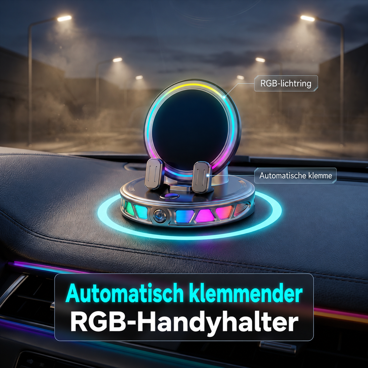 Nordspur | RGB Auto-Handyhalterung mit automatischer Klemmung und kabellosem Laden