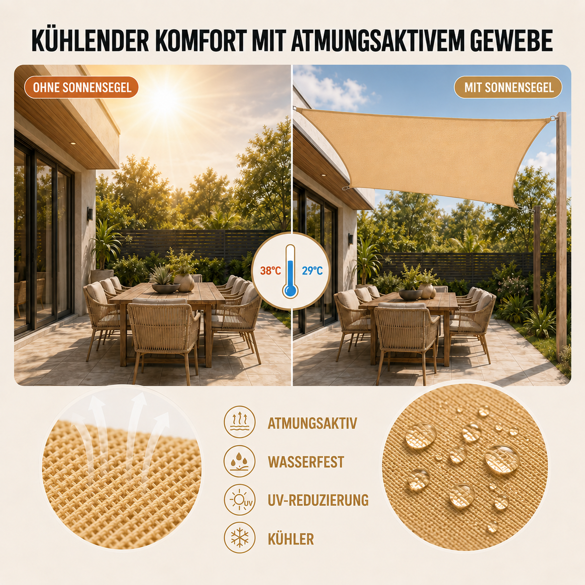 Nordspur | Rechteckiges Sonnensegel-Vordach