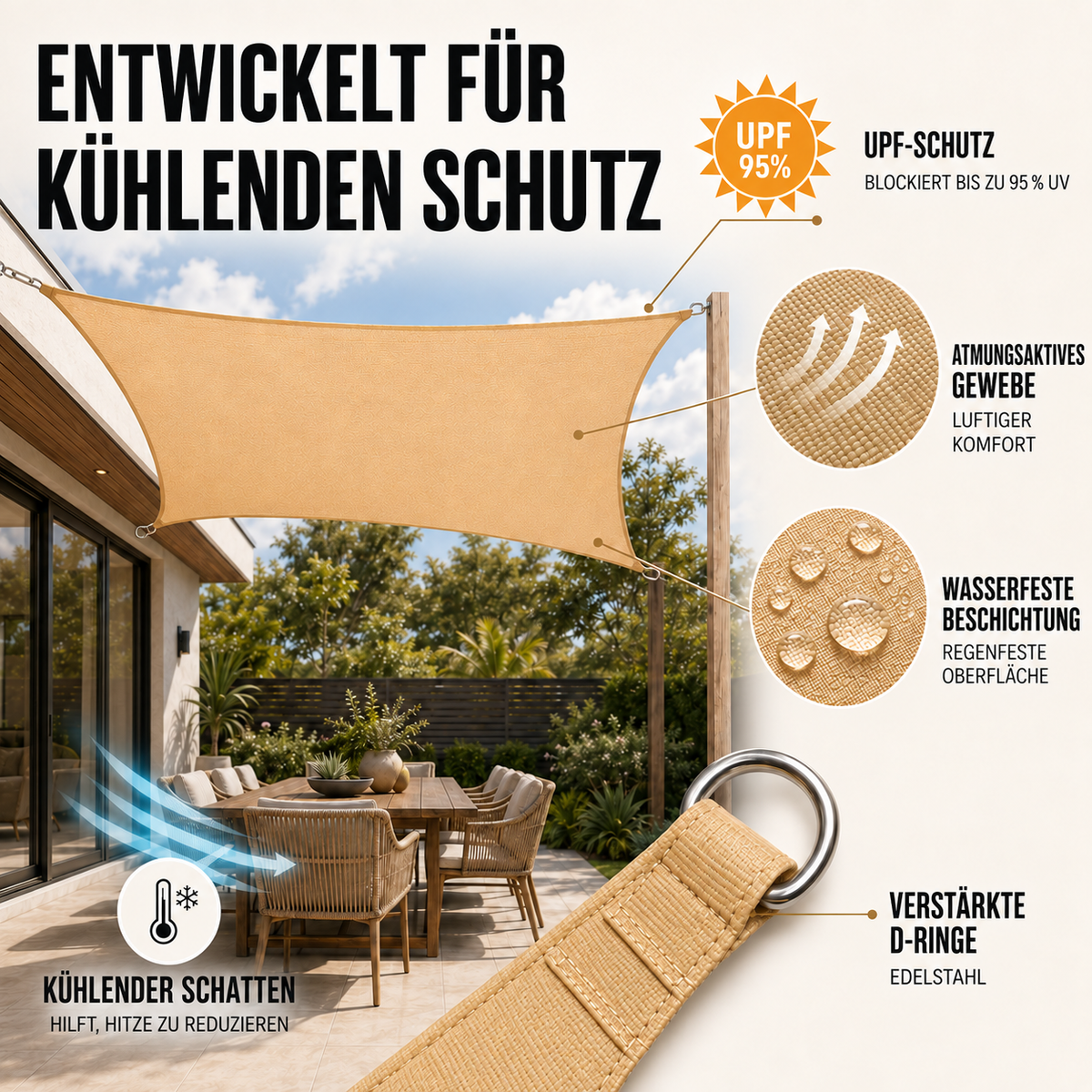 Nordspur | Rechteckiges Sonnensegel-Vordach