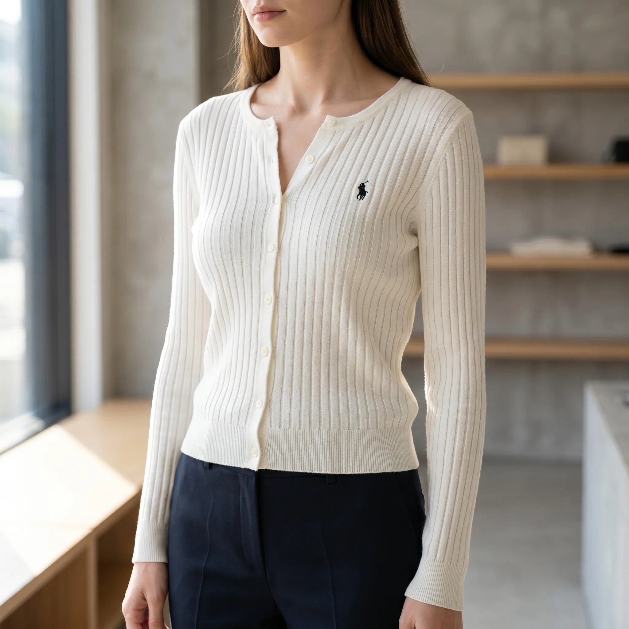 Gerippter StrickCardigan Langarm Notch-Kragen mit Bestickung