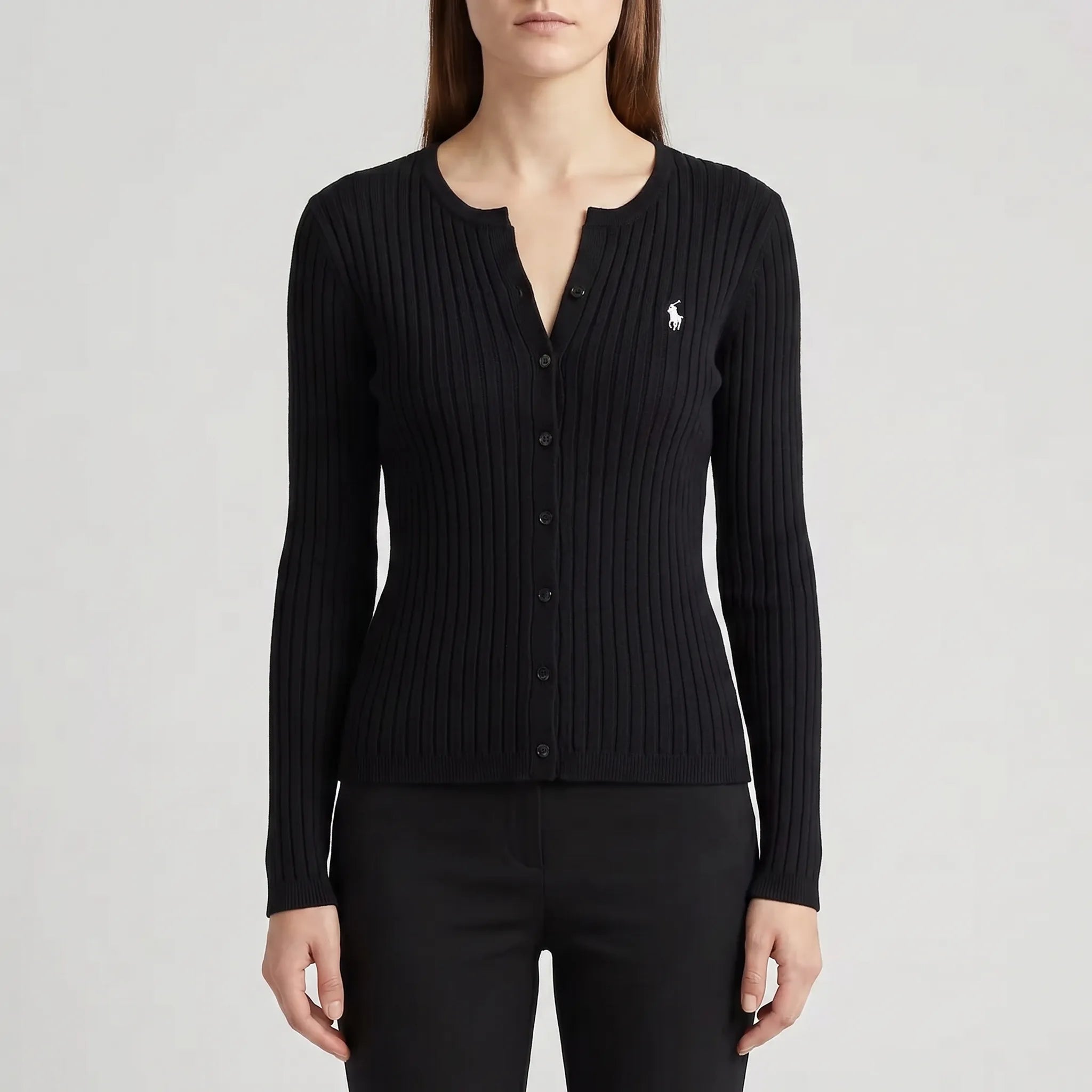 Gerippter StrickCardigan Langarm Notch-Kragen mit Bestickung