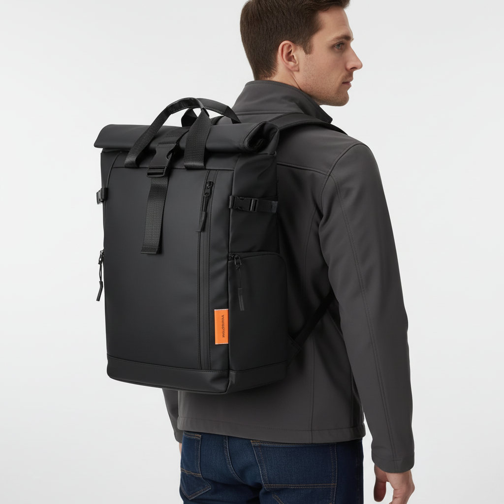 Laptop-Rucksack wasserdicht Rolltop-Verschluss Kofferträger
