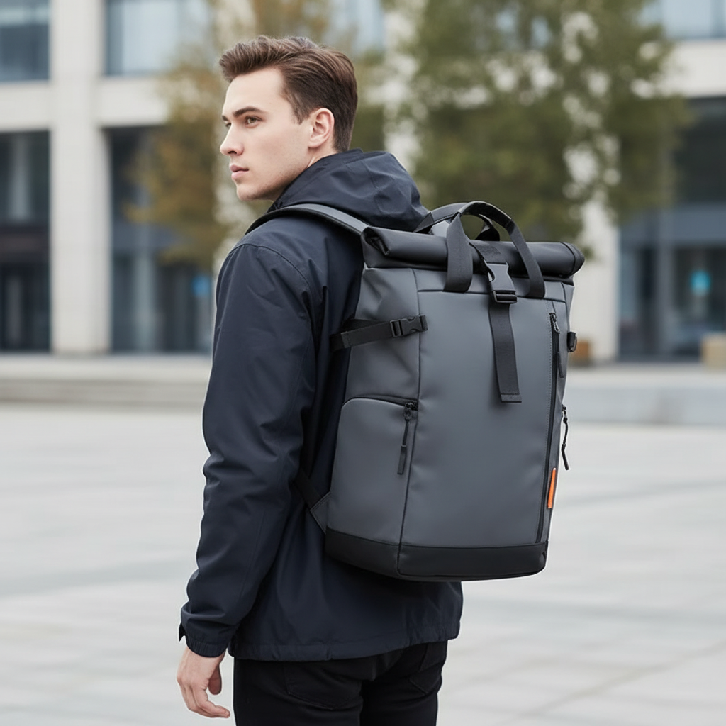 Laptop-Rucksack wasserdicht Rolltop-Verschluss Kofferträger