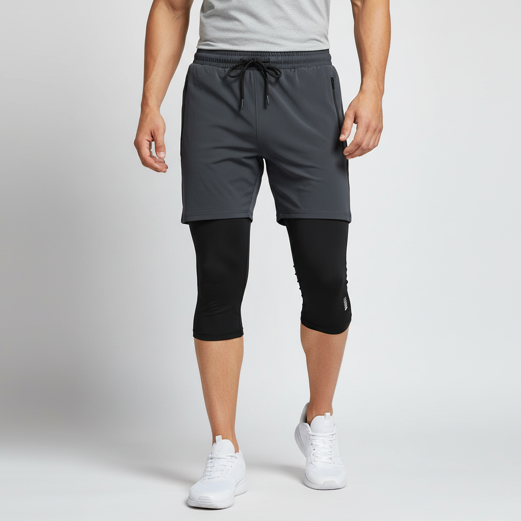 Herren Laufshorts Kompression integrierte Tights Reißverschlusstasche