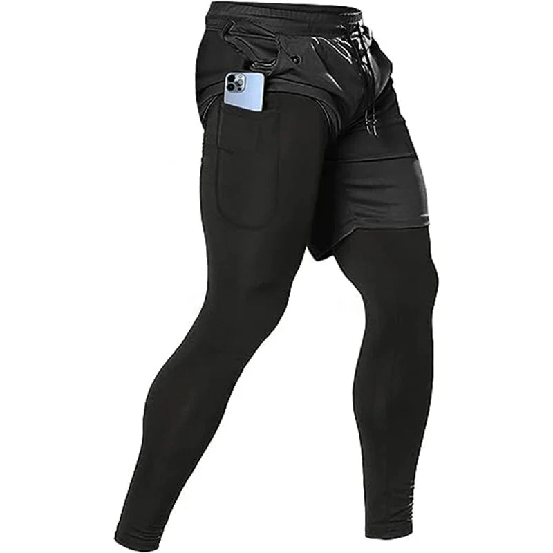 Herren Trainingshose zwei-in-eins mit Handytasche und Kompressions-Leggings