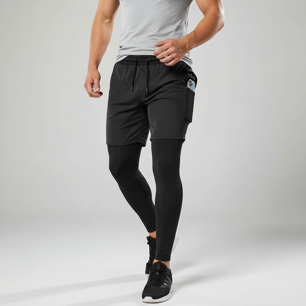 Herren Trainingshose zwei-in-eins mit Handytasche und Kompressions-Leggings