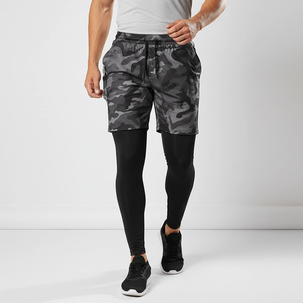 Herren Trainingshose zwei-in-eins mit Handytasche und Kompressions-Leggings