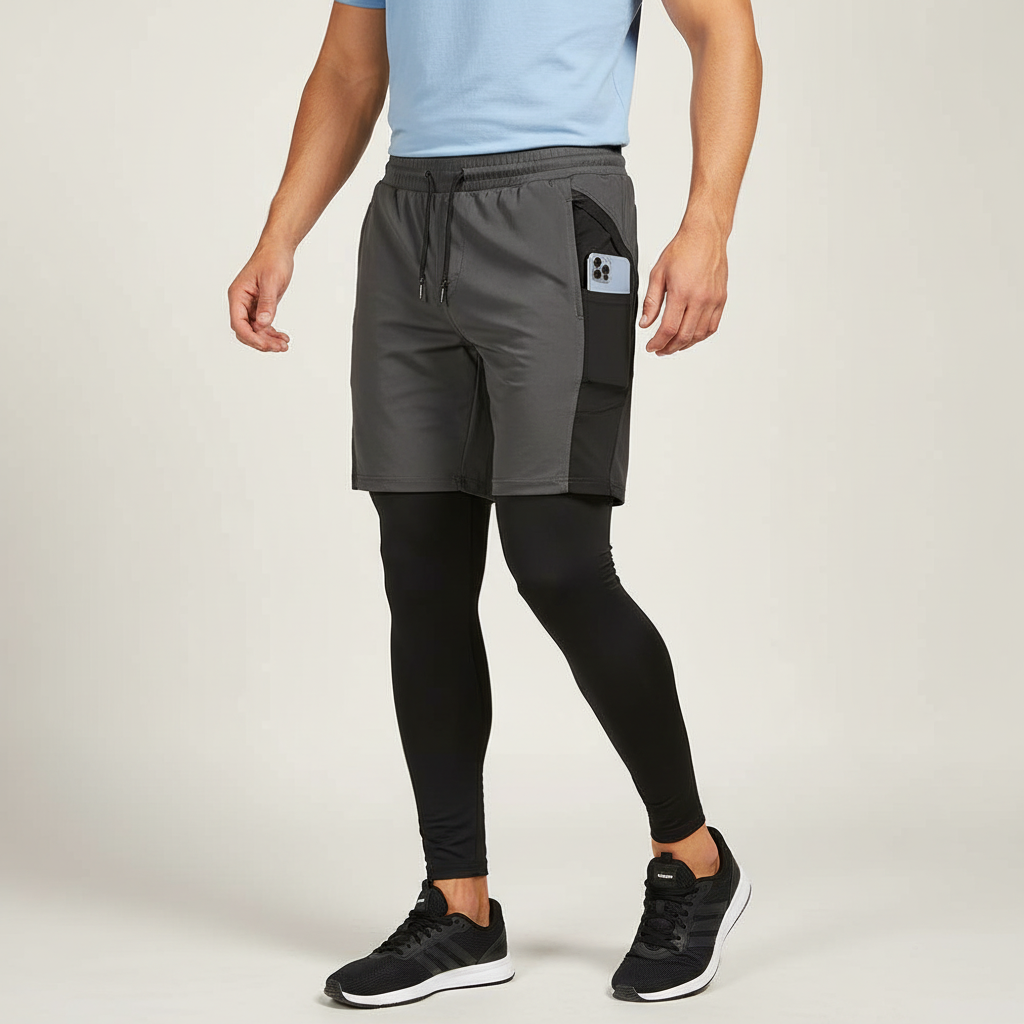 Herren Trainingshose zwei-in-eins mit Handytasche und Kompressions-Leggings