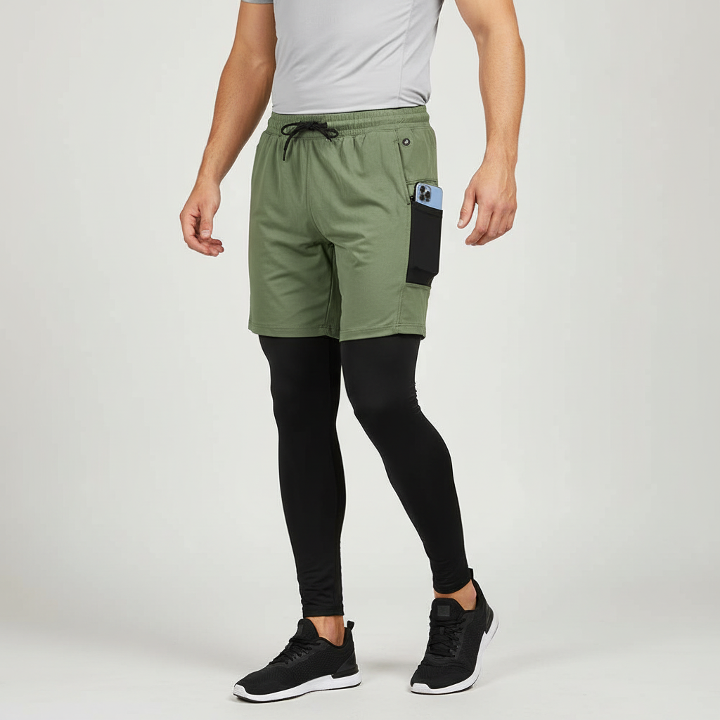 Herren Trainingshose zwei-in-eins mit Handytasche und Kompressions-Leggings