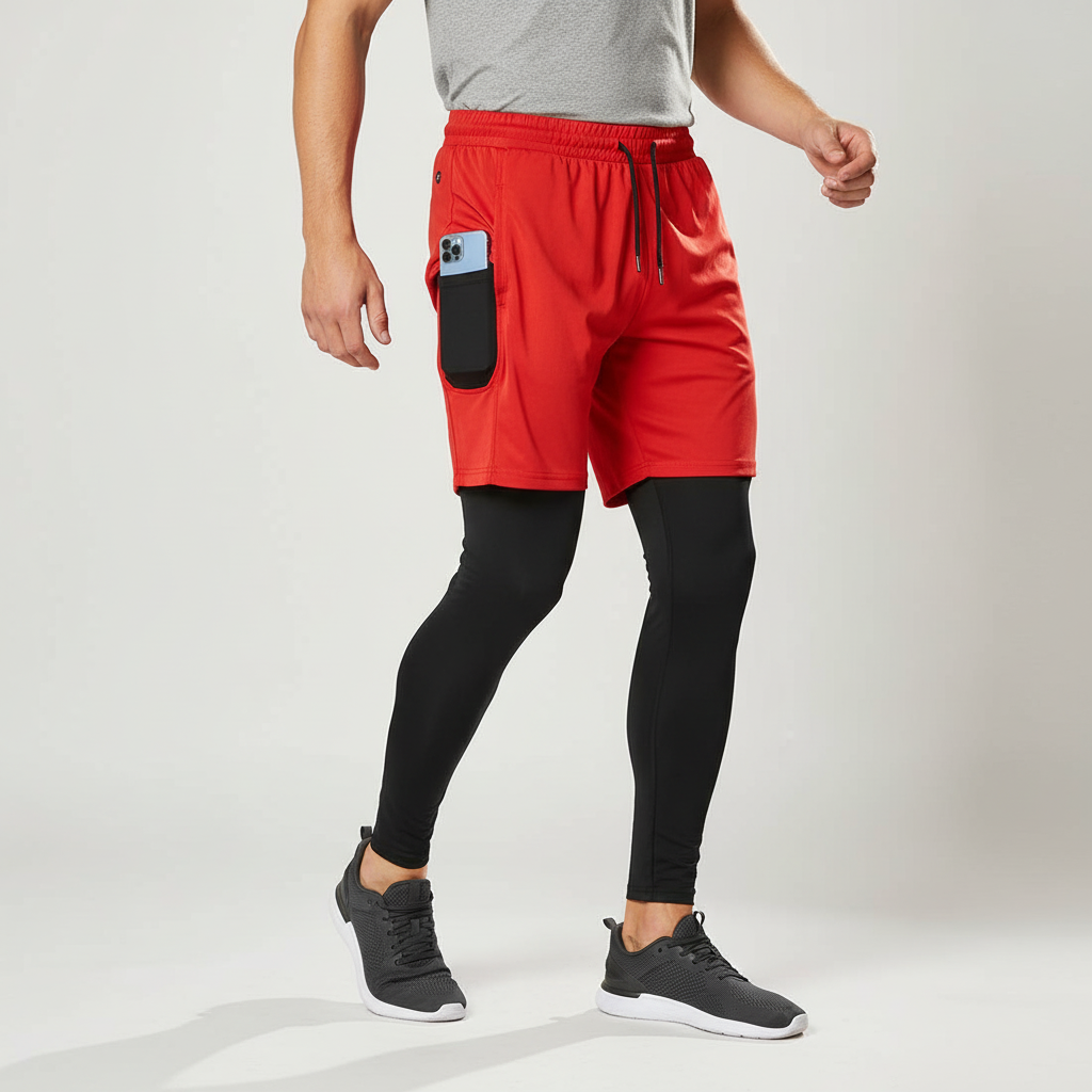 Herren Trainingshose zwei-in-eins mit Handytasche und Kompressions-Leggings