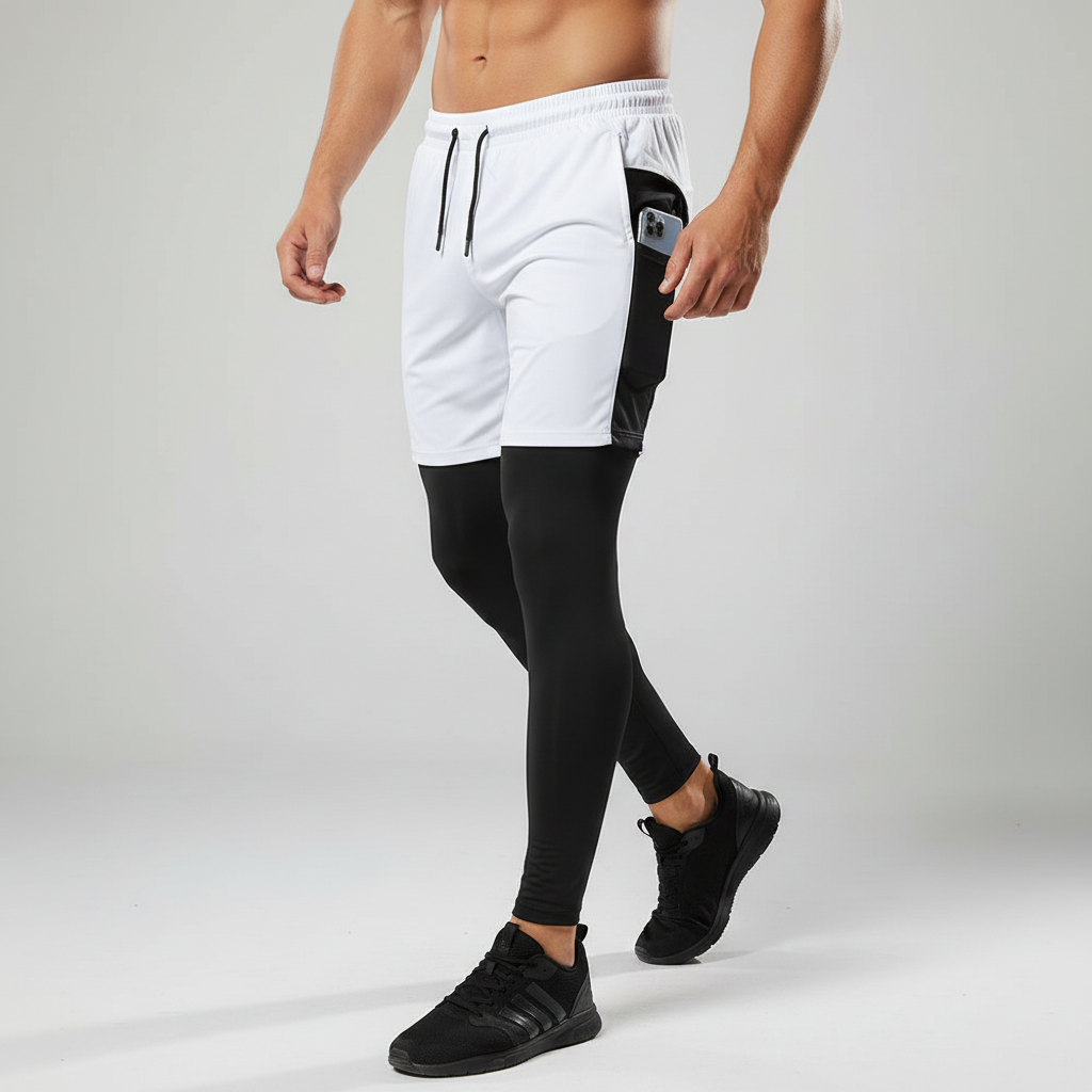 Herren Trainingshose zwei-in-eins mit Handytasche und Kompressions-Leggings