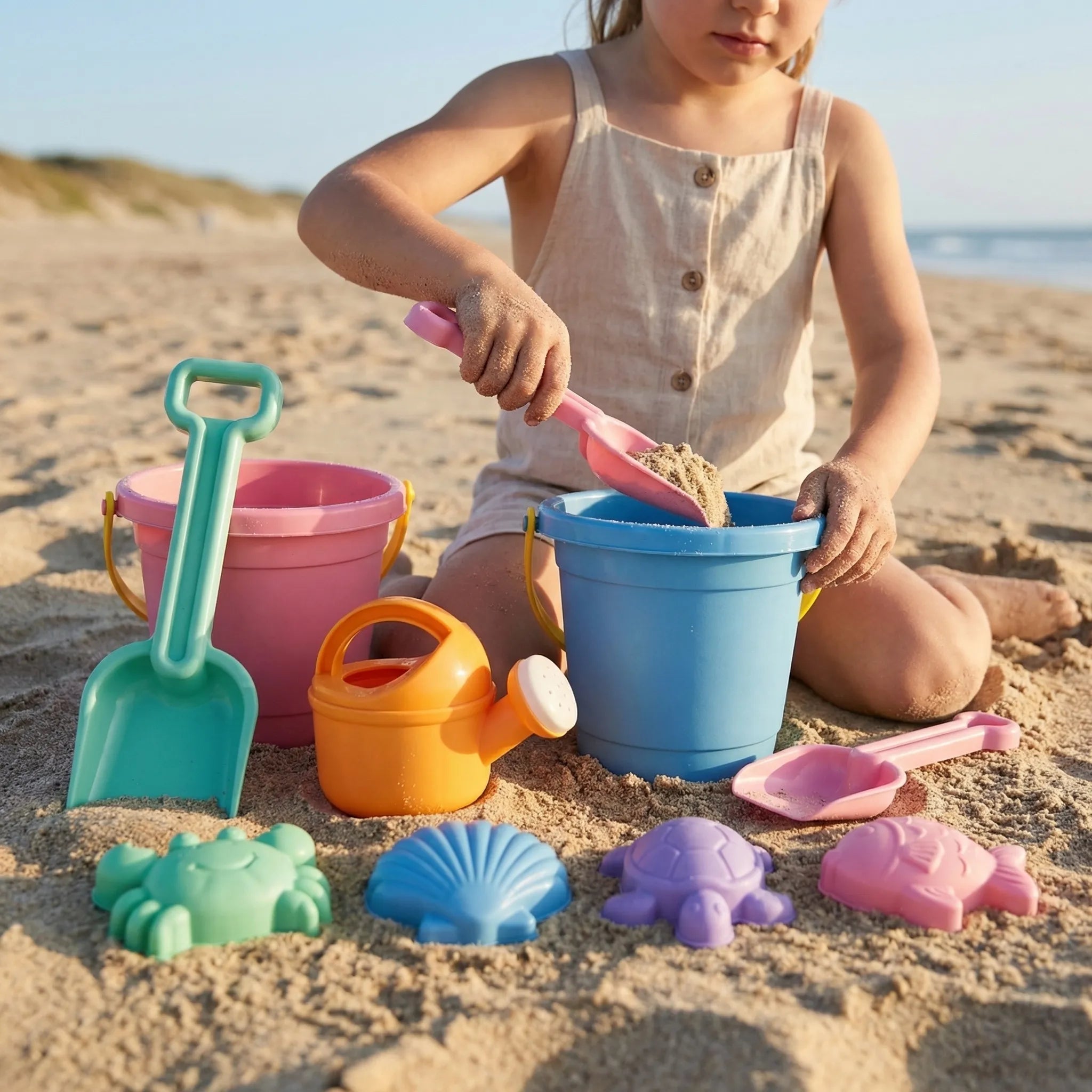 Kinder Strandspielzeug Set mit Eimer, Schaufel und Meerestier-Sandförmchen für Sandkasten