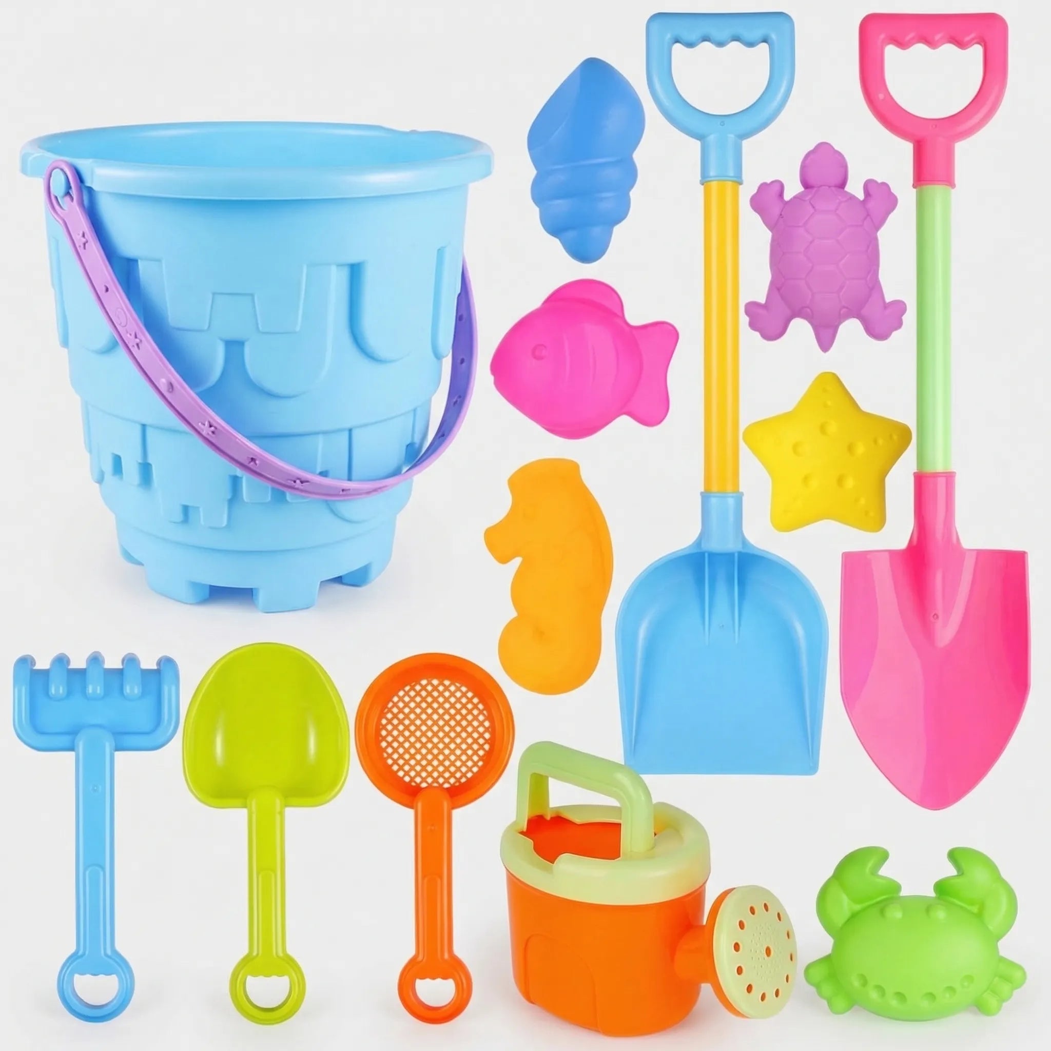 Kinder Strandspielzeug Set mit Eimer, Schaufel und Meerestier-Sandförmchen für Sandkasten