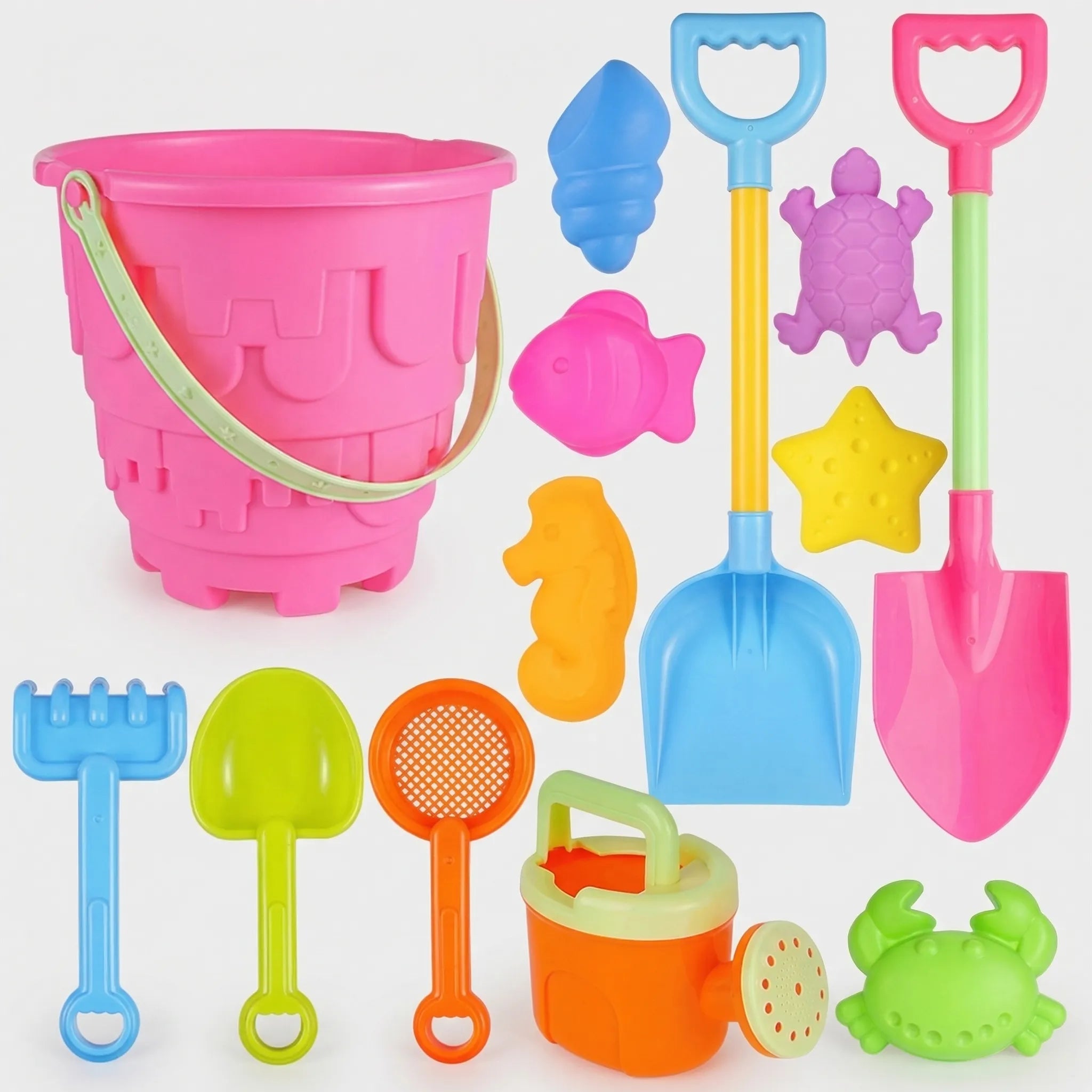 Kinder Strandspielzeug Set mit Eimer, Schaufel und Meerestier-Sandförmchen für Sandkasten