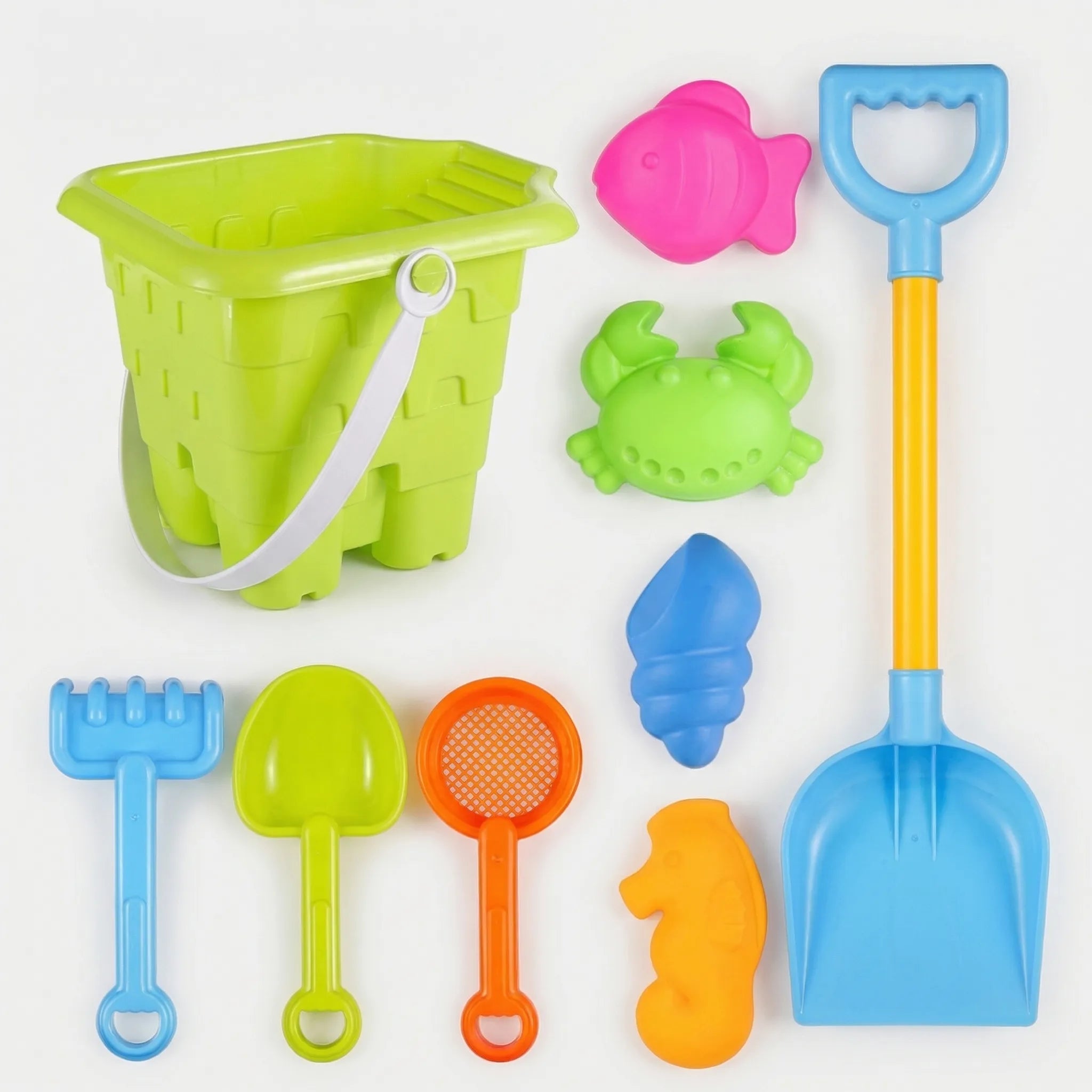 Kinder Strandspielzeug Set mit Eimer, Schaufel und Meerestier-Sandförmchen für Sandkasten