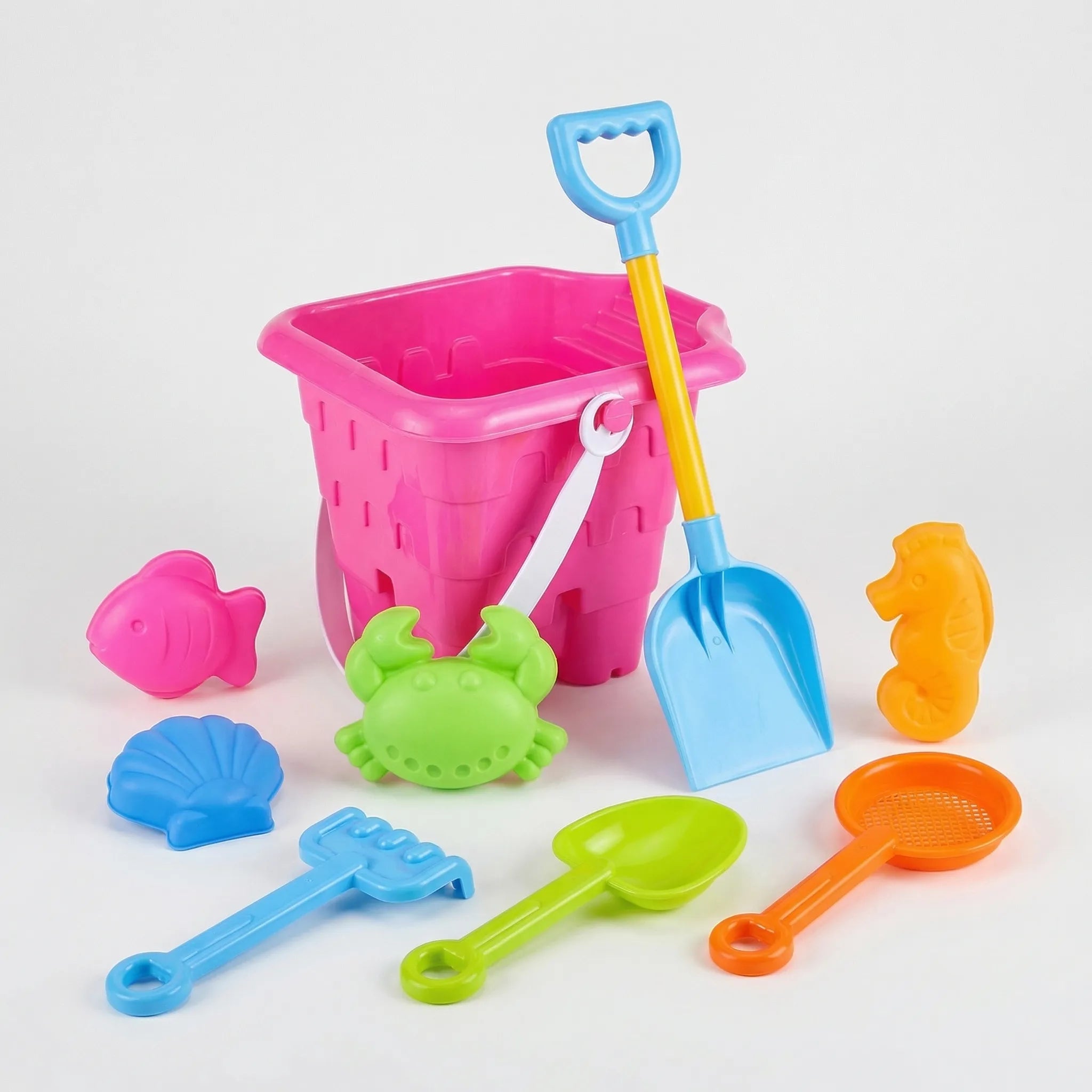 Kinder Strandspielzeug Set mit Eimer, Schaufel und Meerestier-Sandförmchen für Sandkasten
