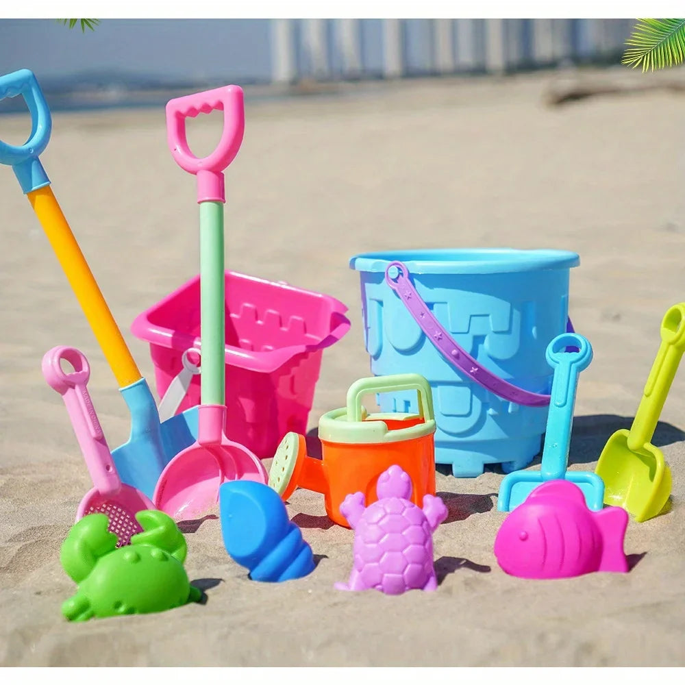 Kinder Strandspielzeug Set mit Eimer, Schaufel und Meerestier-Sandförmchen für Sandkasten