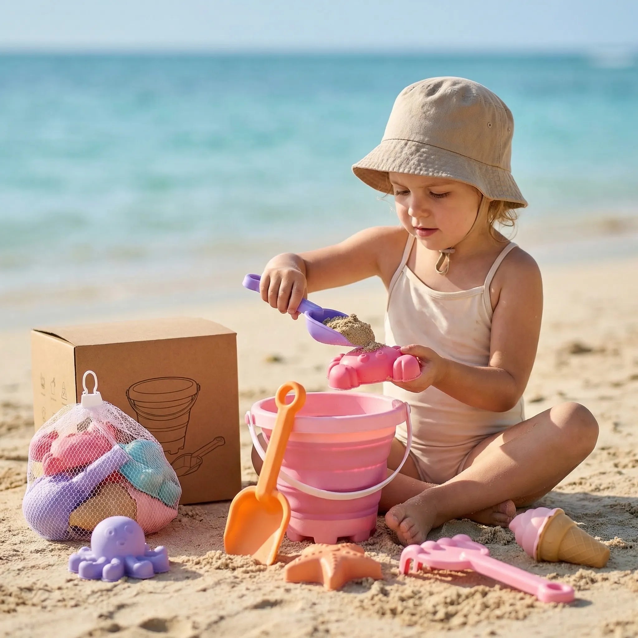 Strandspielzeug Set für Kinder mit zusammenklappbarem Eimer und Sandförmchen