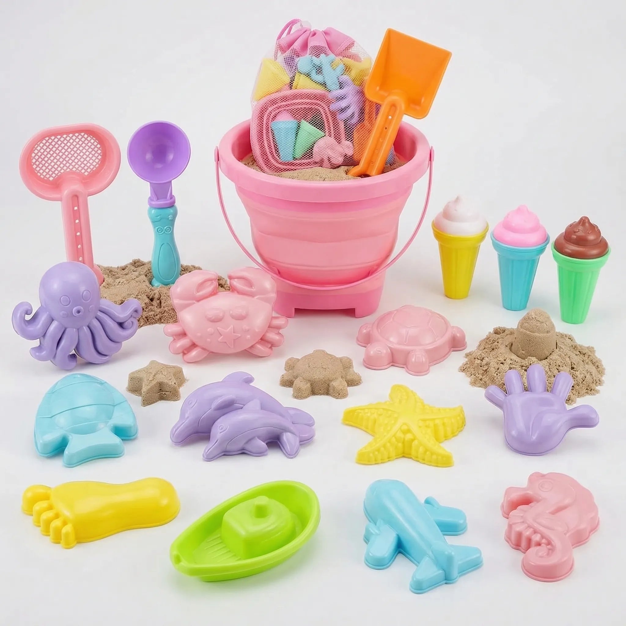 Strandspielzeug Set für Kinder mit zusammenklappbarem Eimer und Sandförmchen