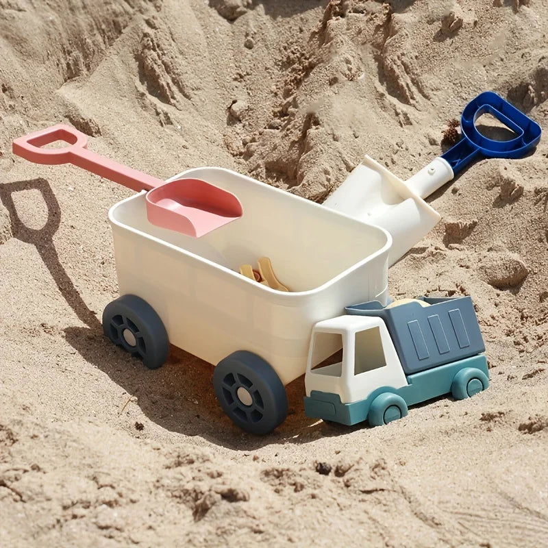 Kinder Strandspielzeug Set mit Ziehwagen, Schaufel, Rechen und Sandförmchen für Kleinkinder