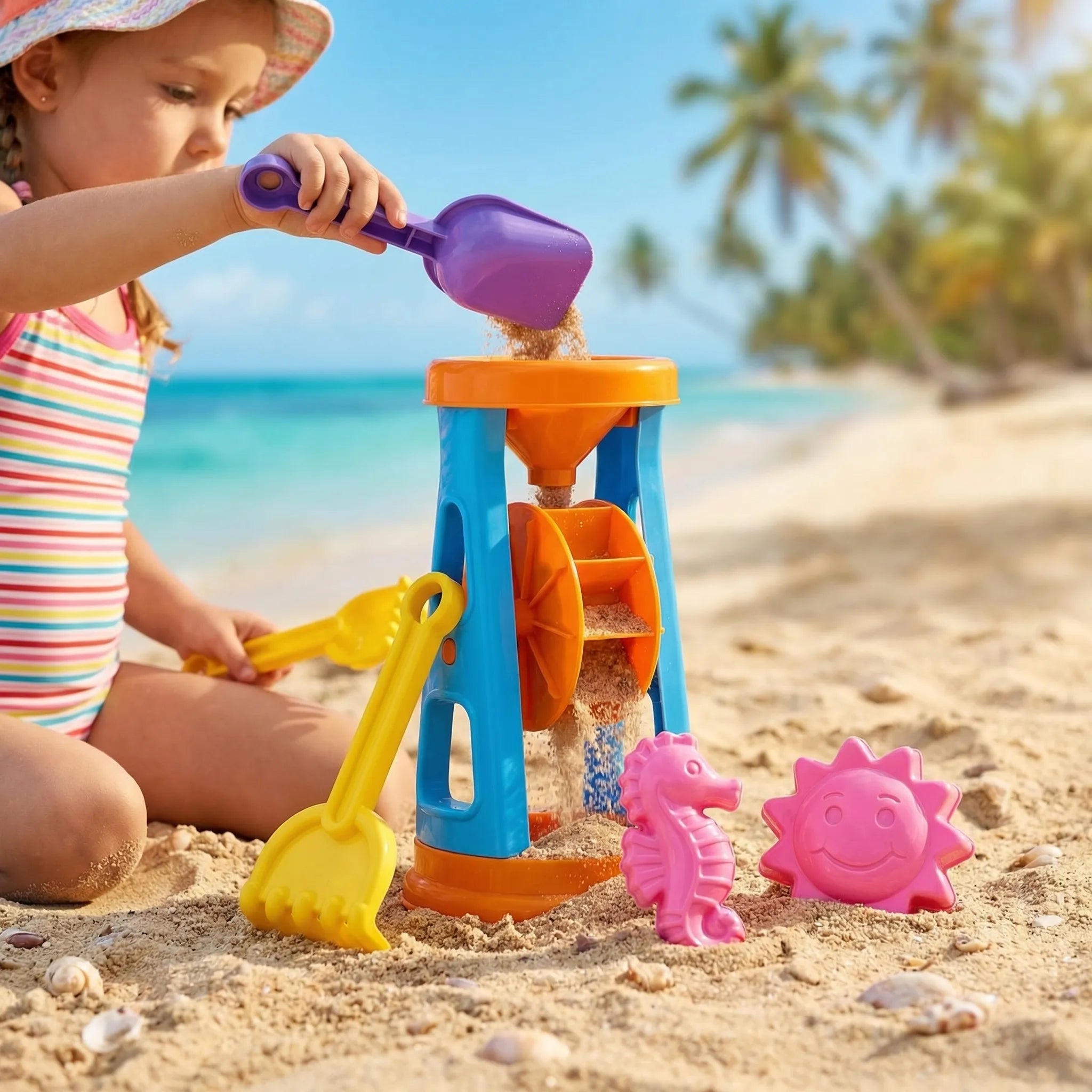 Sandspielzeug Set für Kinder mit Sandrad, Schaufel und Förmchen für Strand und Garten