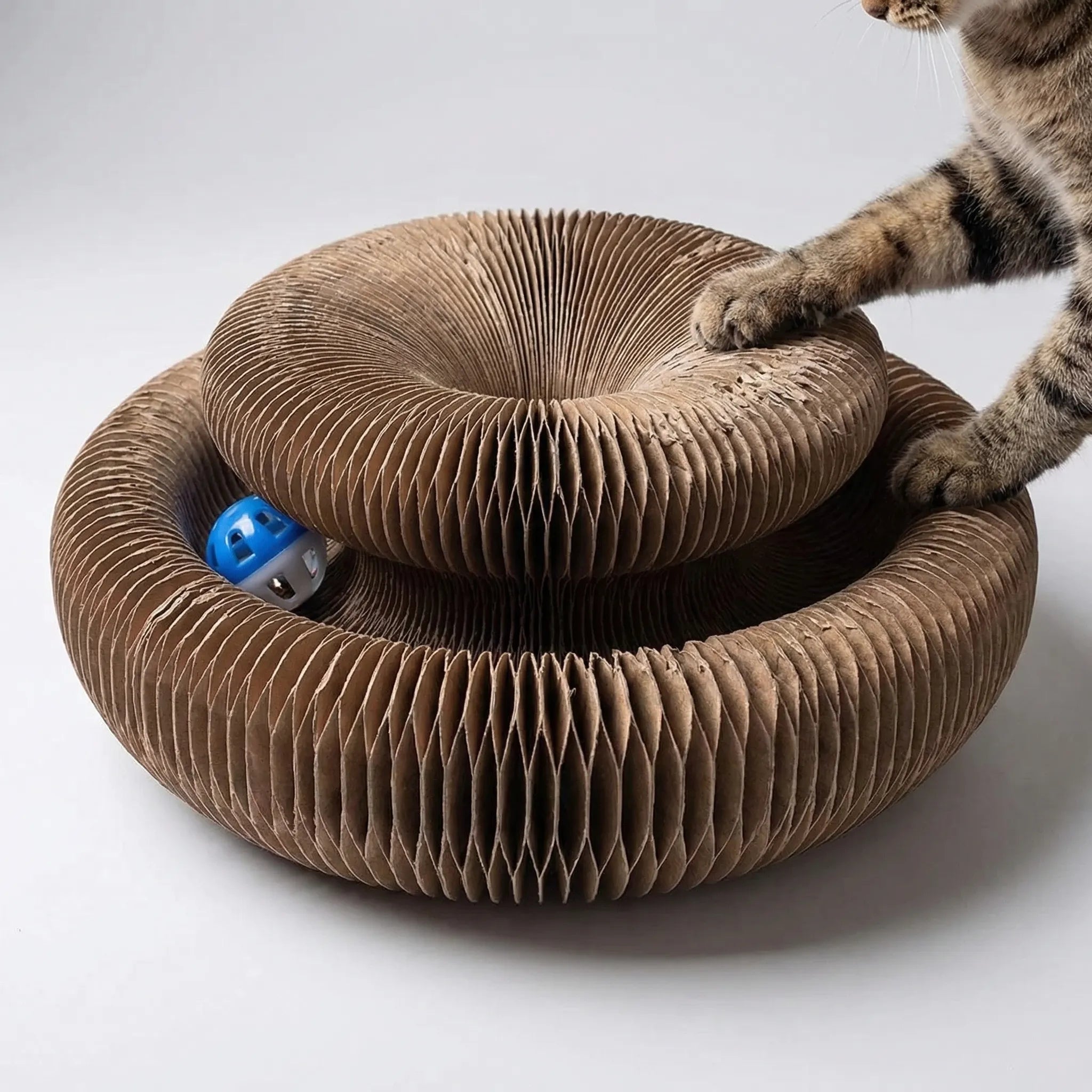 Faltbares Katzenkratzbrett aus Wellkarton mit interaktiver Ballbahn
