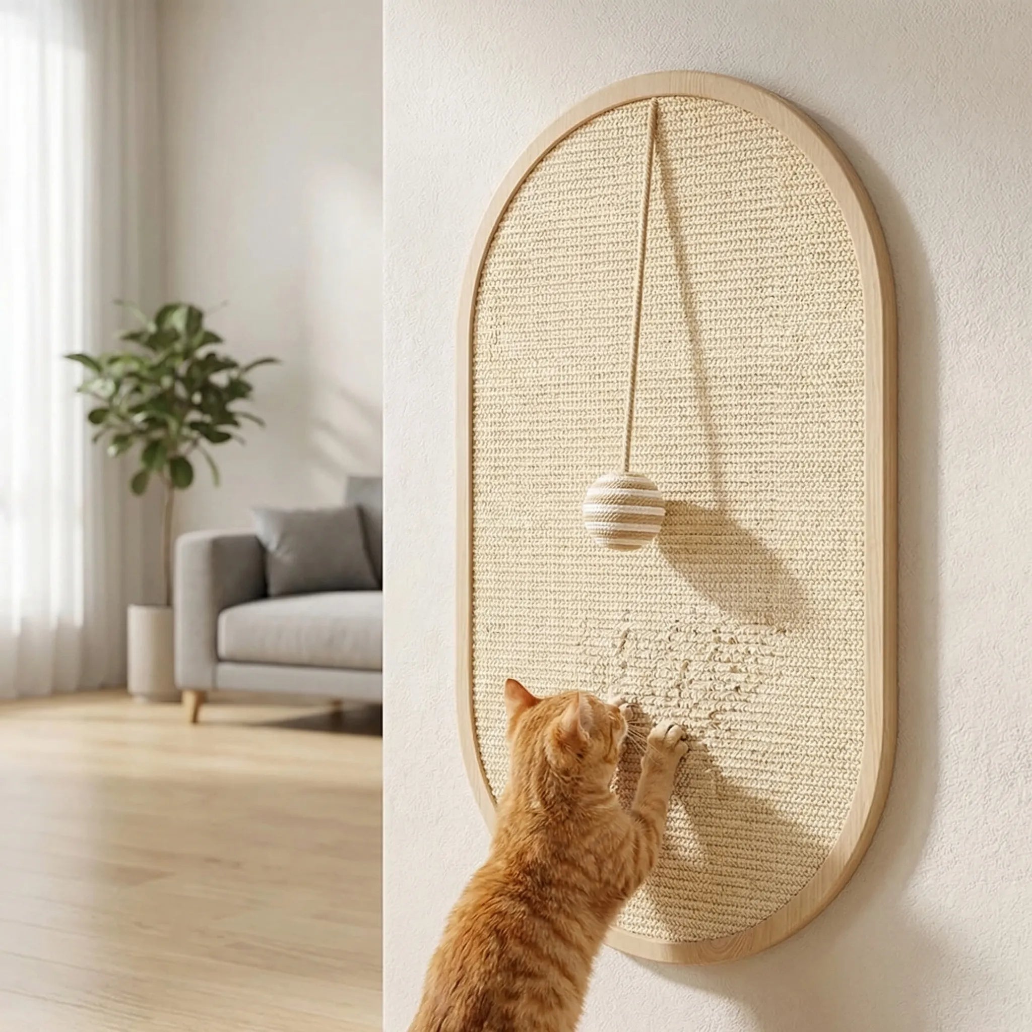 Wandmontiertes Katzenkratzbrett aus Sisal mit Spielzeug