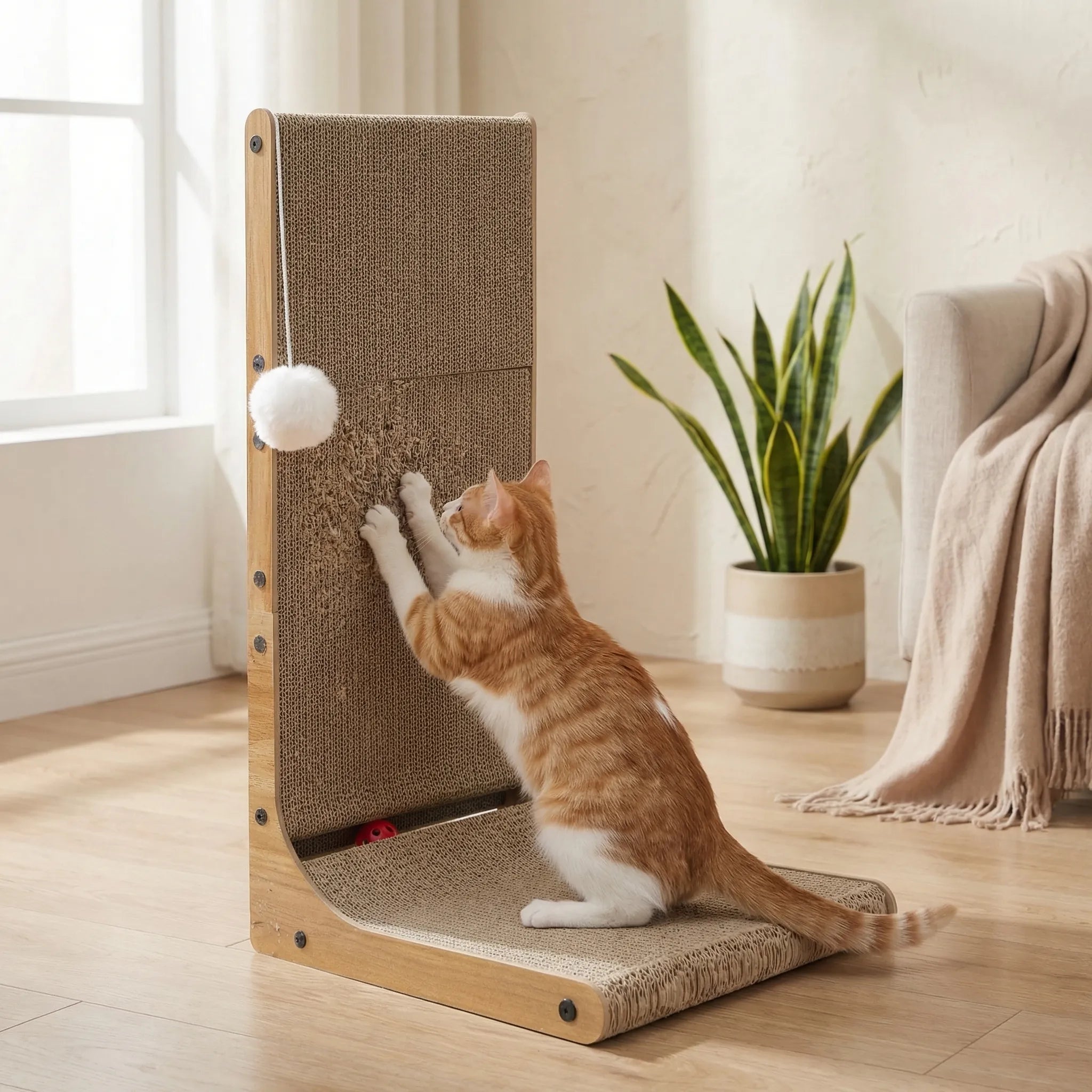 L-förmiger Katzenkratzbaum mit Rampe und Spielzeug aus Naturholz