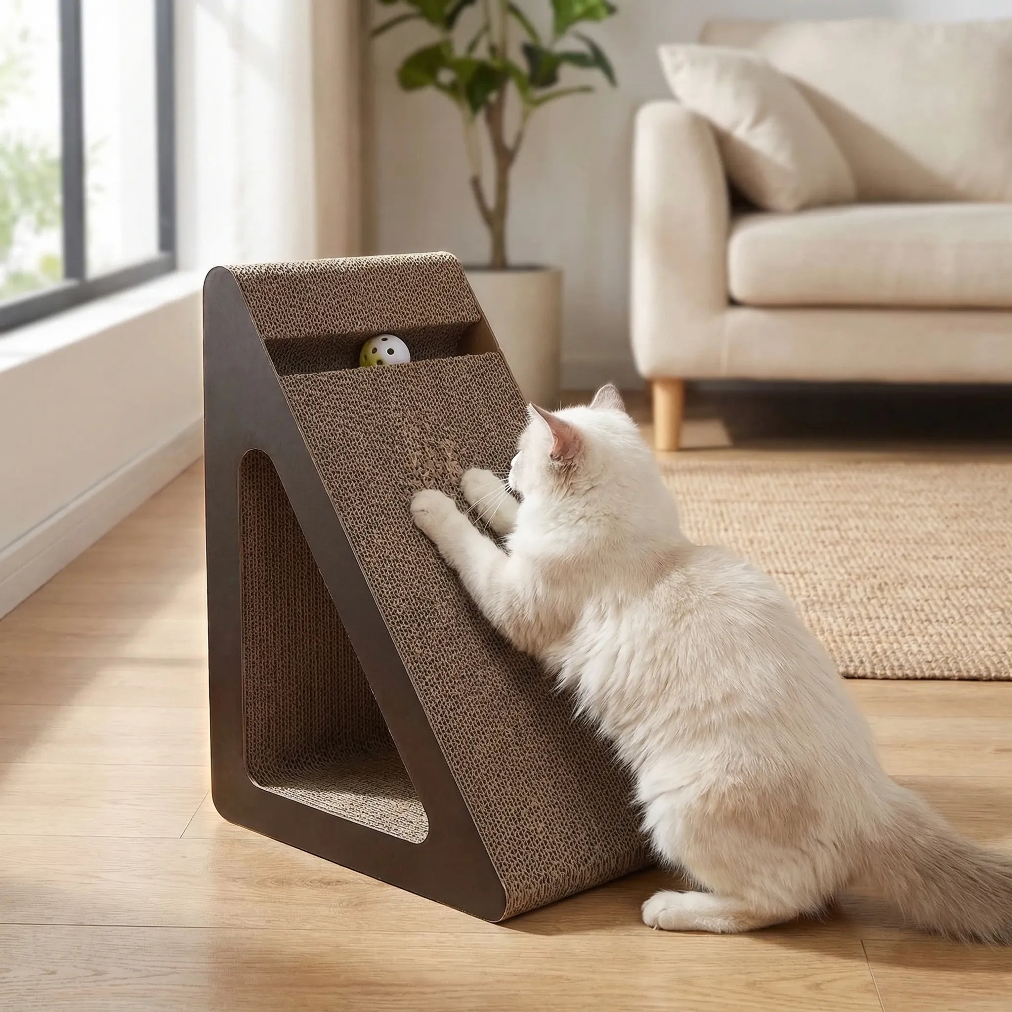 Dreieckiges Katzenkratzbrett aufrecht stehend mit Spielball