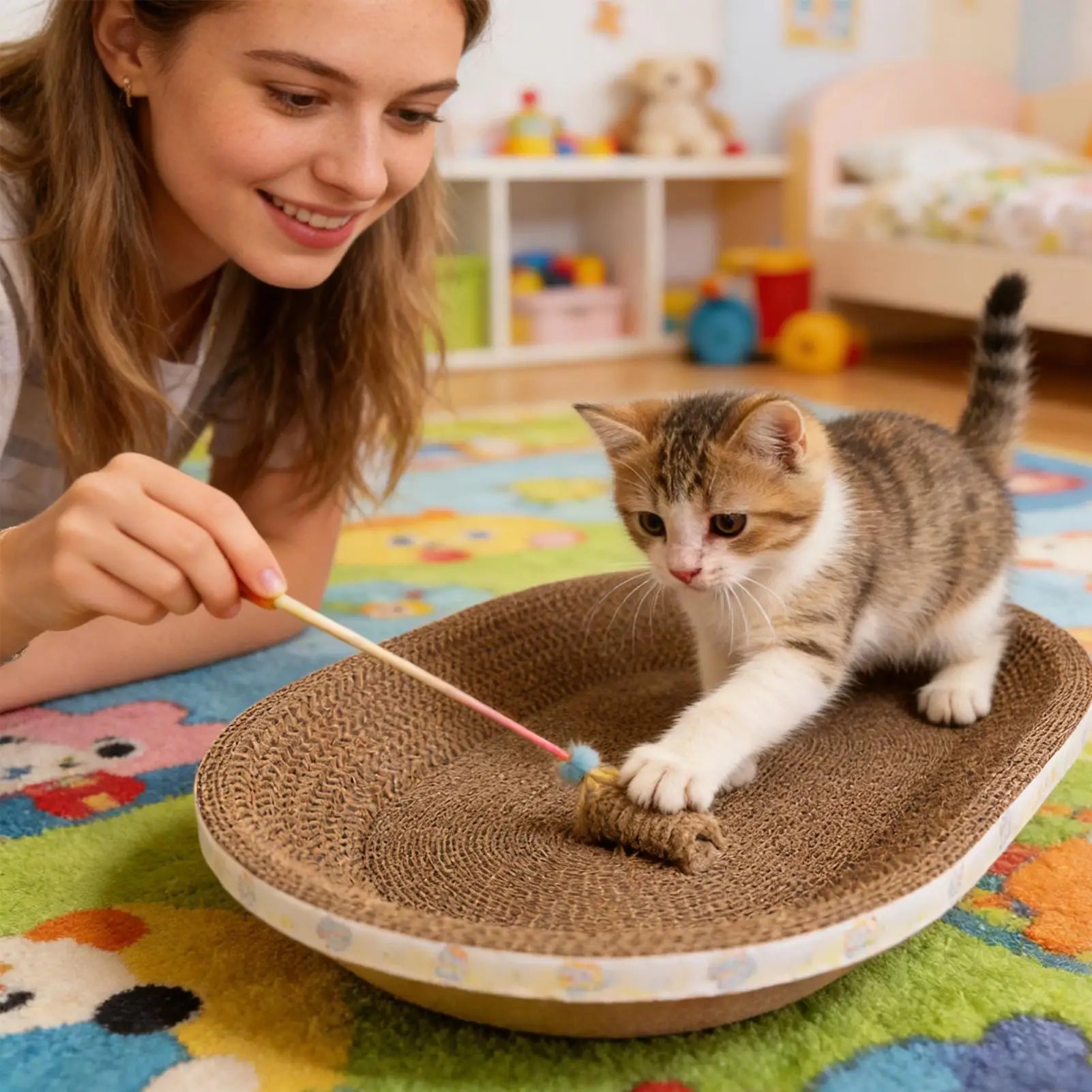 Ovales Katzenkratzbett aus Wellpappe für Krallenpflege und Ruheplatz