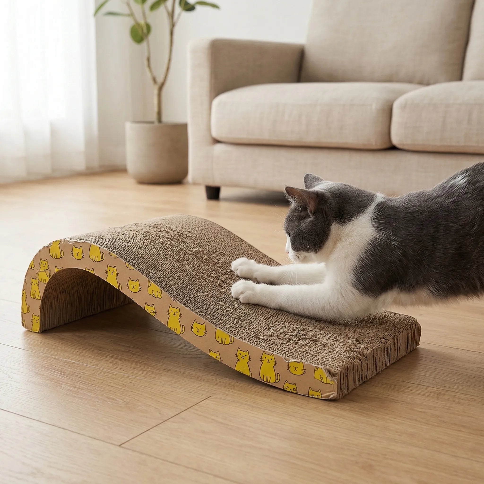 Wellenförmiger Katzenkratzbaum aus Wellpappe mit integrierter Liegefläche