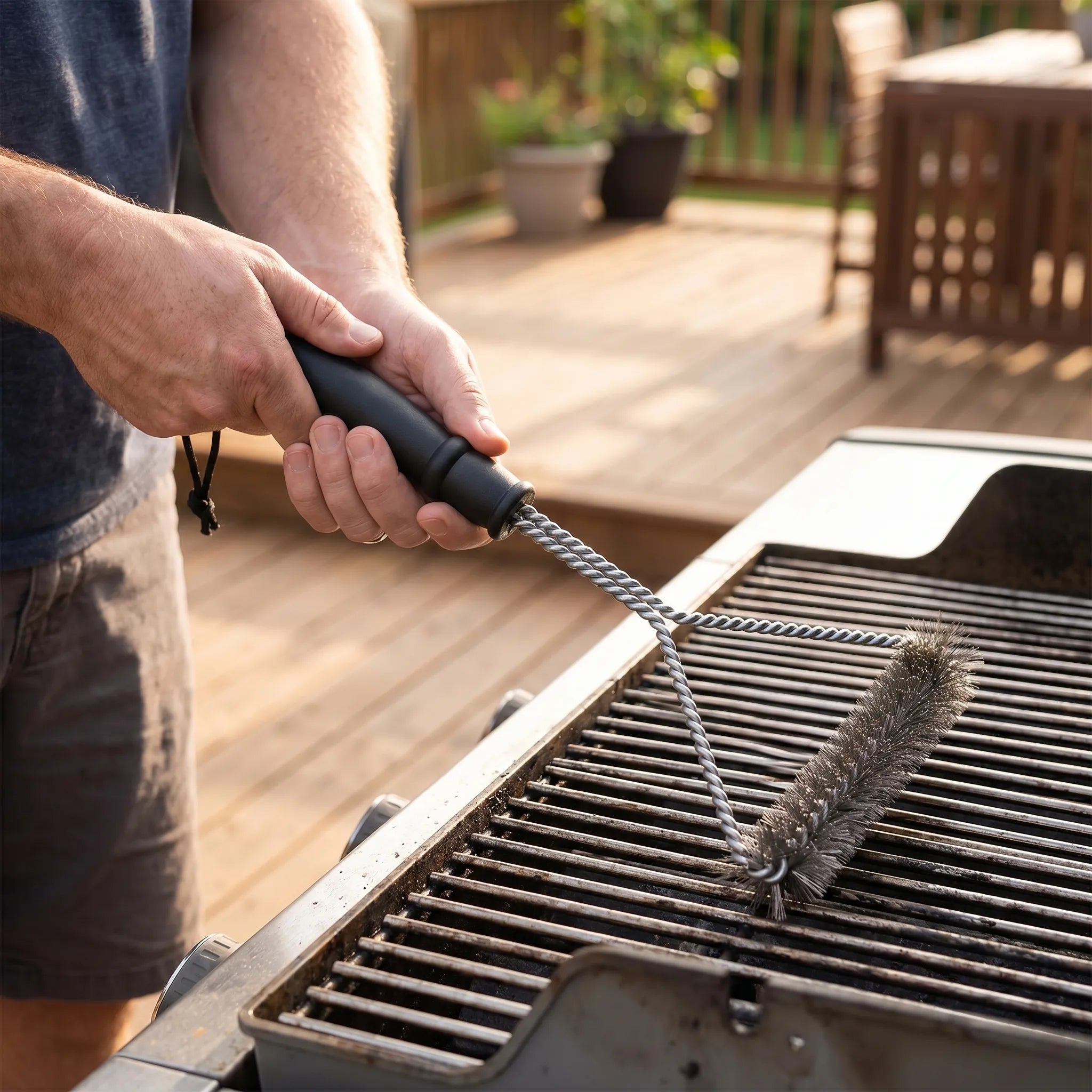 Dreiköpfige Grillbürste mit langem Griff und starren Borsten
