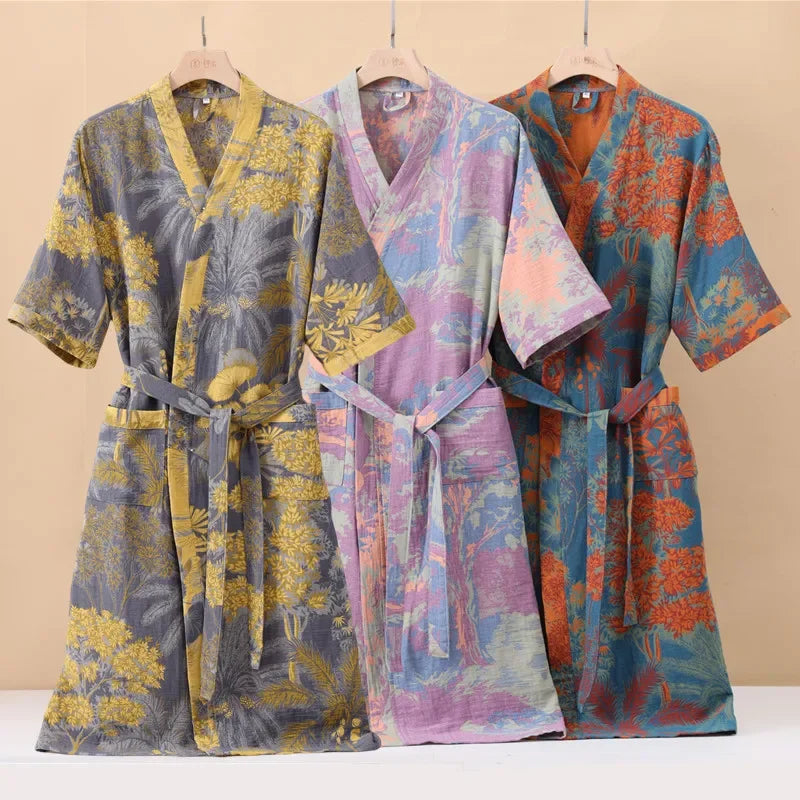 Kimono-Bademantel Kurzarm atmungsaktiv Baumwolle Knielänge
