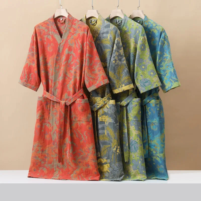 Kimono-Bademantel Kurzarm atmungsaktiv Baumwolle Knielänge