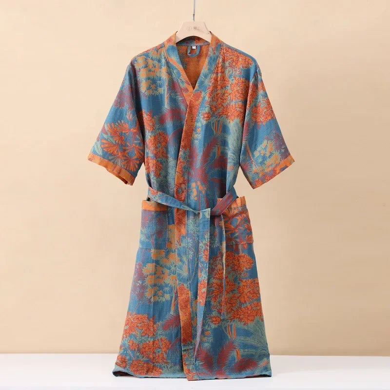 Kimono-Bademantel Kurzarm atmungsaktiv Baumwolle Knielänge