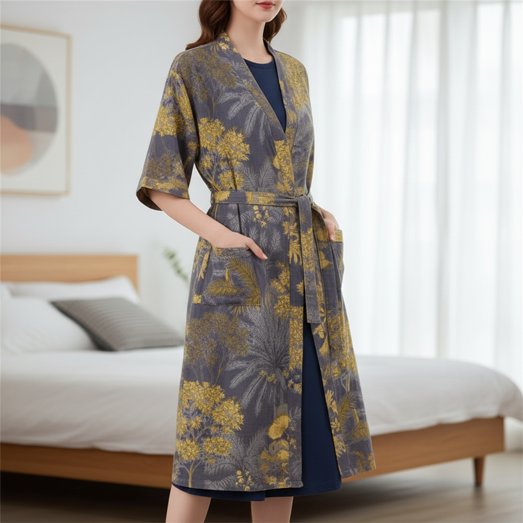 Kimono-Bademantel Kurzarm atmungsaktiv Baumwolle Knielänge